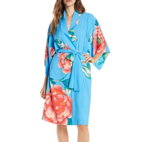 Natori Other - Natori Blue Nova Floral-Print Robe Blue Pink Medium